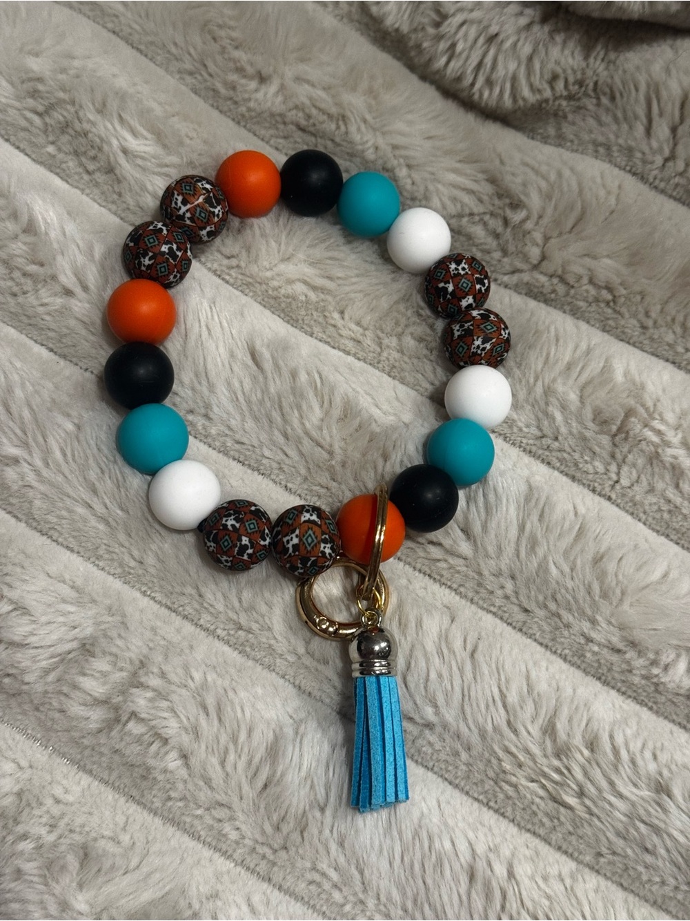 Beaded Keychain Wristlet with Blue Tassel